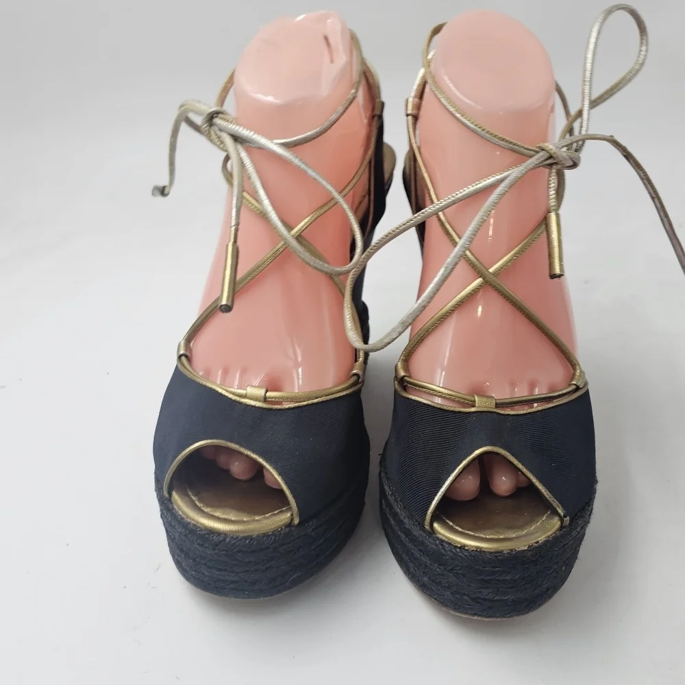 Ralph Lauren Collection Navy Gold Canvas Espadrille Wedge Lace Up